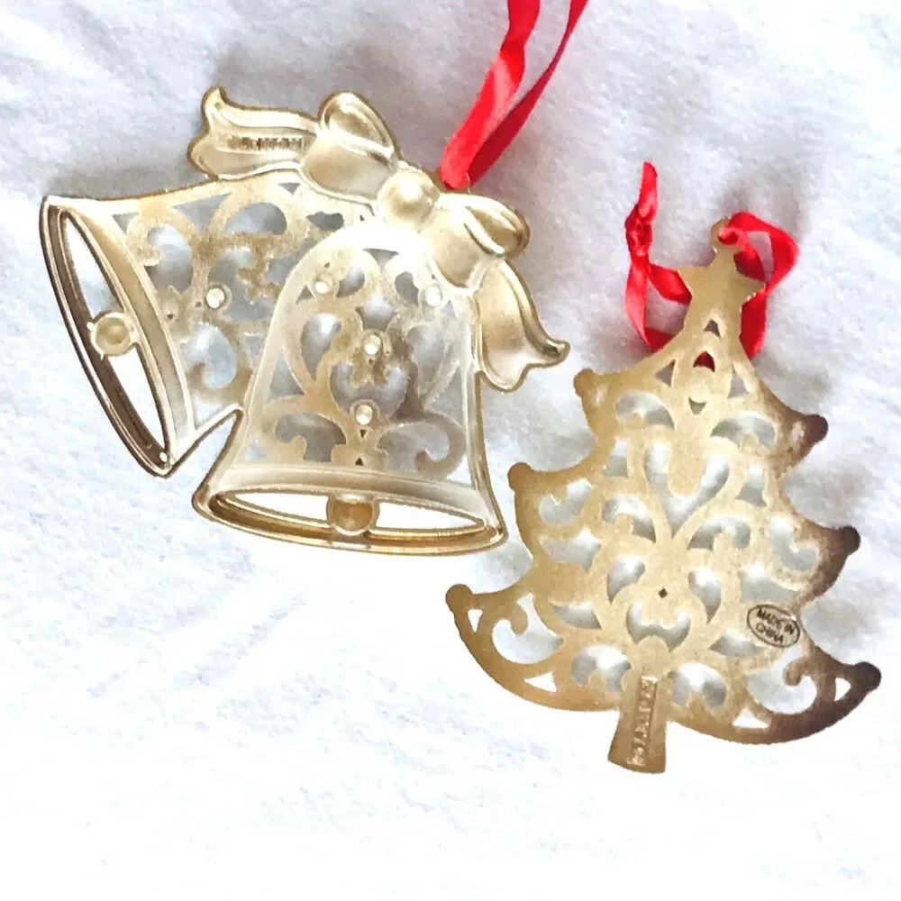 Lenox Christmas Ornaments 2 Sparkle and Scroll Bells + Tree Silver Original Box